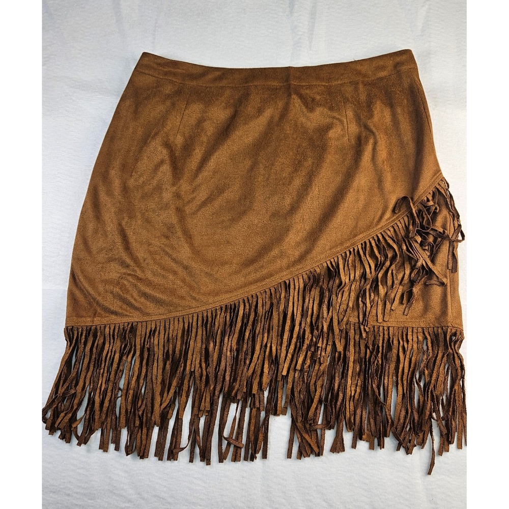 SHEIN Women Brown Faux Suede Fringe Mini Skirt Western Boho 1XL